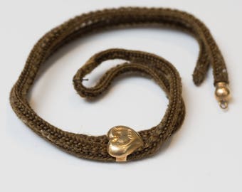 Antique Victorian Mourning Hair Jewelry Choker with Engraved Charm