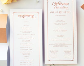 Paris Coral Wedding Program, Modern Calligraphy Wedding Programs, Wedding Program Templates or Printed Programs Beach Wedding Stationery