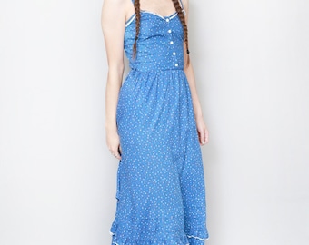 Vintage 1970's Blue Ditsy Floral Print Ruffled Maxi Dress