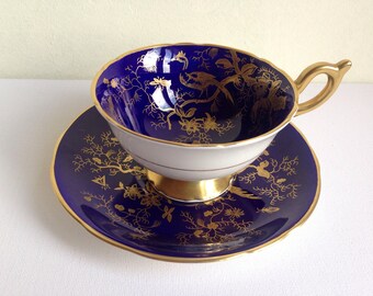 Coalport Tea Cup and Saucer Bird Pattern Cobalt Blue Bone China Made In England
