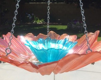 Hanging Brownish Orange Bird Feeder With Teal Center Dish, Wedding Gifts, Holiday Gifts, Retirement Gifts Women, Hanging Floral Art Gift