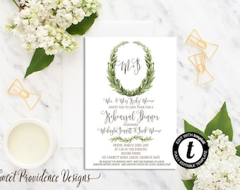 Printable Rehearsal Dinner Invitation Suite /Rehearsal Dinner Invite Set/ Simple Laurel Wedding Invitation /Editable Rehearsal Invite