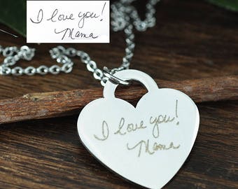 Actual Handwriting Necklace, Custom Handwriting Jewelry, Engraved Heart Necklace, Memorial Handwritten Necklace, Signature Necklace