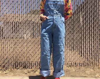 Vintage light medium wash denim jean overalls / overall pants, size large l