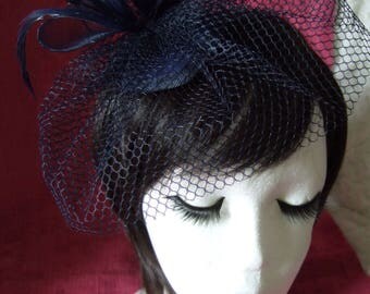 Navy Blue teardrop cap with Navy Blue veil, coiled flowers & feathers. Wedding Hat, Navy Blue Fascinator, Church Hat, Navy Blue Hatinator