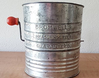 Bromwell 5 Cup Tin Flour Sifter with Red Handle 1950s Farmhouse decor