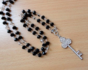 Black necklace crystal necklace black jewelry long necklace everyday necklace modern key necklace pendant bohemian necklace gift for her