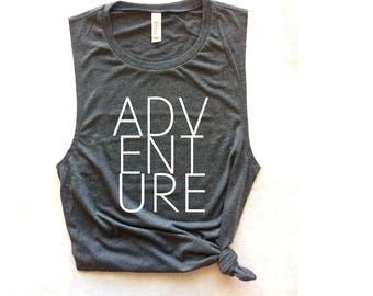 adventure workout gray muscle tank, workout tank, travel tank top, yoga tank, barre tank, running tank, beach tank, bachelorette tank