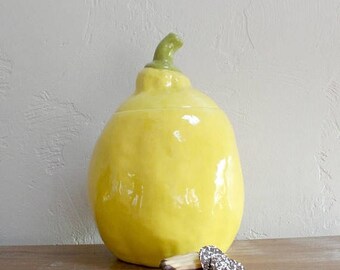 VACATION SALE Vintage Cookie Jar, Lemon Jar, Snack Container, Retro Treat Jar, Yellow Cookie Jar, Ceramic Jar, Kitschy Kitchen Decor, Fruit