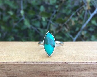 Sterling Silver Turquoise Ring / Sterling Silver Ring Size 8 / Marquise Turquoise Ring / Large Turquoise Ring / Diamond Turquoise Ring