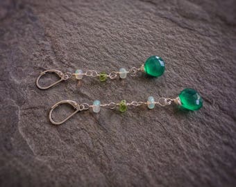 Onyx green earrings,long sterling silver earrings,Ethiopian fire opeal earrings,gemstones earrings,peridot earrings,gift for her