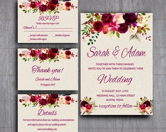 Set de Boho invitación invitación Suite para imprimir, flores boda, descarga inmediata, invitación de boda Bohemia Digital, invitación Tribal