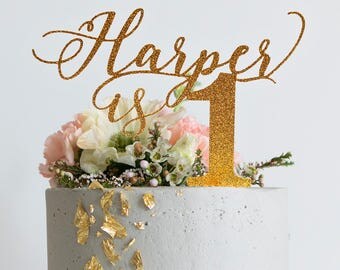 Personalized Name is One Delicate Cursive Glitter Cake Topper 1st Birthday Cake Topper Pink & Gold Birthday Party First Birthday Cake Topper