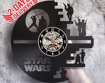 Star Wars art, wall clock, Darth Vader art, Luke Skywalker, Boba Fett art, Han Solo, Princess Leia, c3po, R2D2, Master Yoda, Death Star