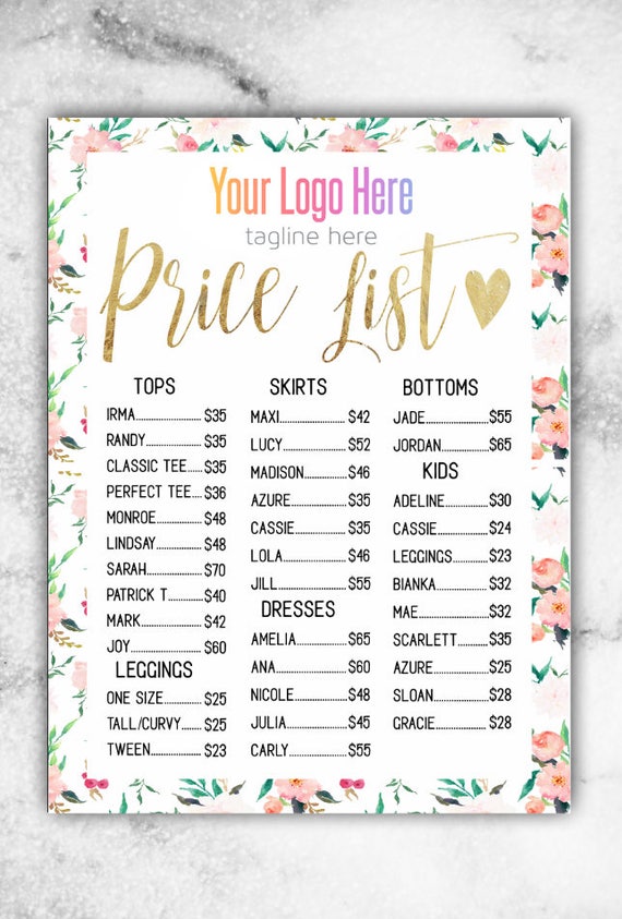 Boutique Price List Sign / 18x24 sign / Printable / Instant