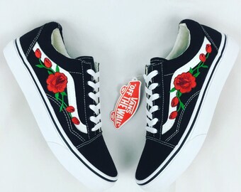 Rose Vans Old skool, rose vans women, womens sneakers, rose embroidered vans, custom vans, canvas vans, unisex vans, rose on vans,