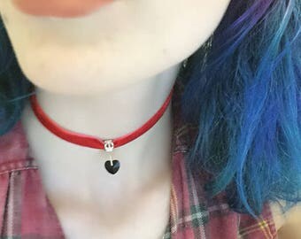Thin Red Velvet Ribbon Adjustable Choker with Black Heart Charm // Fashion Accessory // Simply Charming Chokers