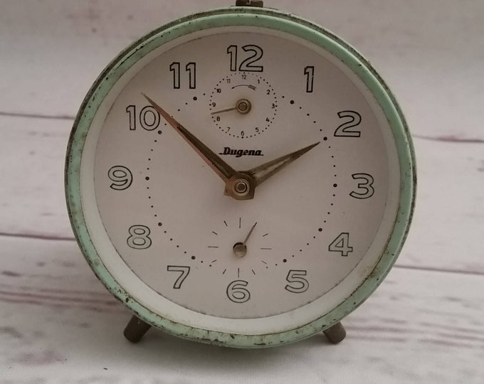 Dugena Mechanical Alarm Clock teal 50s metal case vintage Shabby chic