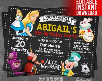 Alice in Wonderland Invitation with Alice in Wonderland Thank You Tags Free, Alice in Wonderland Birthday, Editable PDF, Instant Download