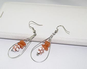 Genuine carnelian drops EARRINGS, flowers, silver plated setting