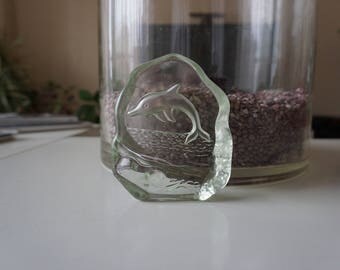 Cast Glass Bas Relief Dolphin, Cast Glass Sculpture, dolphins decor, wall decor, wall decor vintage, bas relief sculpture, dolphins decor