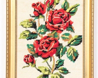 Vintage Framed Rose Needlepoint
