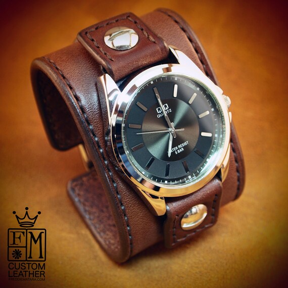 Leather cuff Watch Vintage Chocolate brown bridle leather watchband - handstitched leather watch band Made for YOU in NYC by Freddie Matara