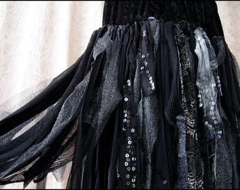 Velvet Fairy Cobweb Skirt by Kambriel - Black Velvet with Shimmering Silver and Black Accents - Brand New & Ready to Ship!