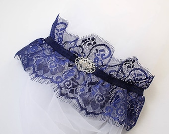 Katherine Wedding Garter, Navy Blue Garter, Chantilly Lace Garter, Vintage style Garter, Navy Wedding Garter, Blue Lace Bridal Garter
