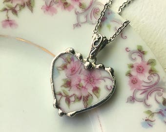 Broken china jewelry beautiful heart pendant broken china jewelry necklace antique pink roses porcelain