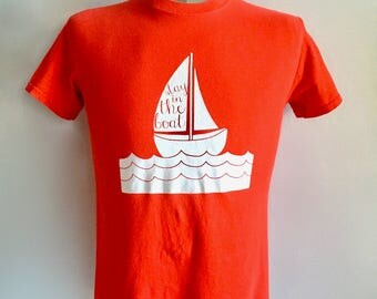 Vintage Men's 80's T Shirt, Red, White, Boat, Short Sleeve (S)