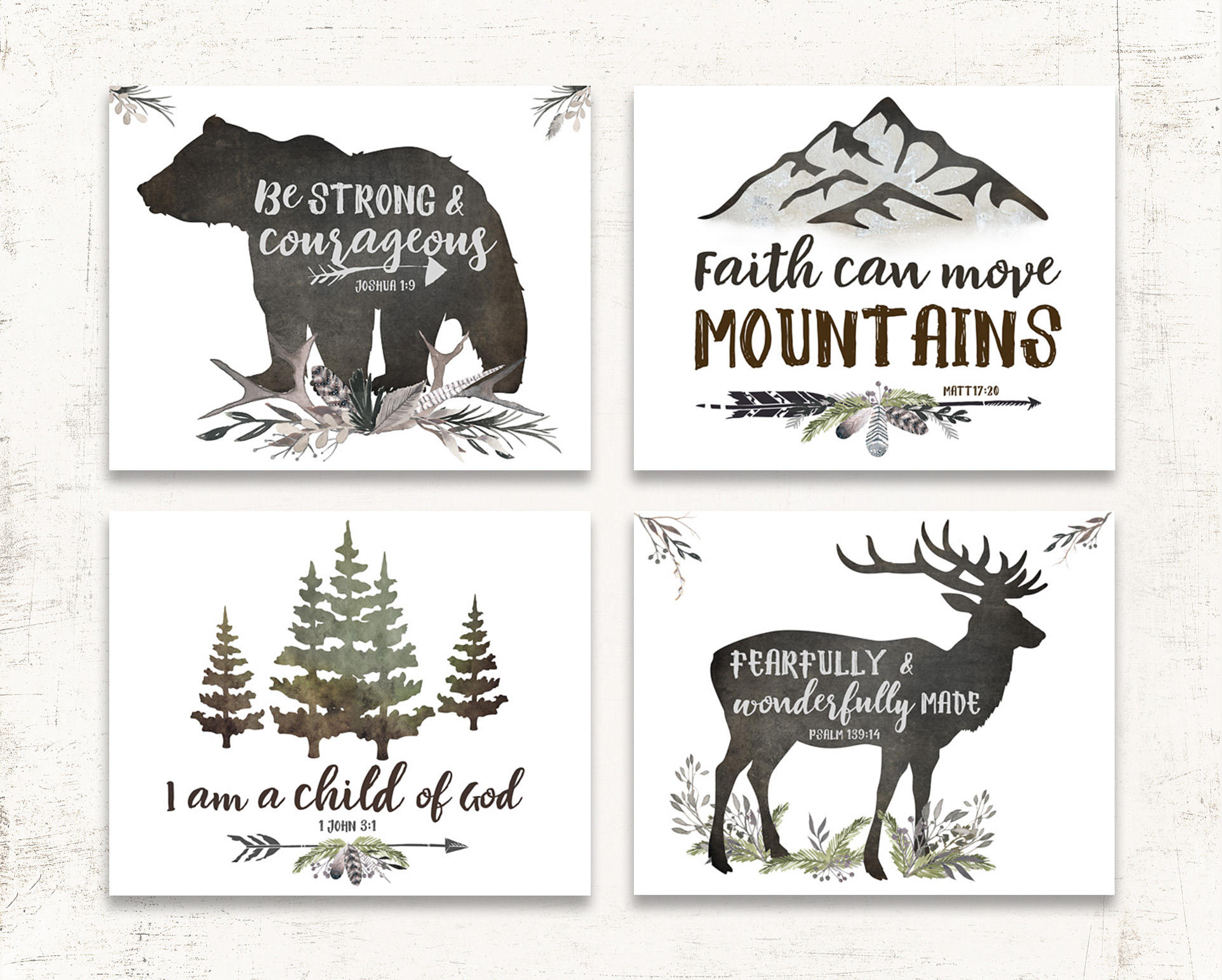 Woodland Nursery Wall Art Set of FOUR Bible Verse Prints