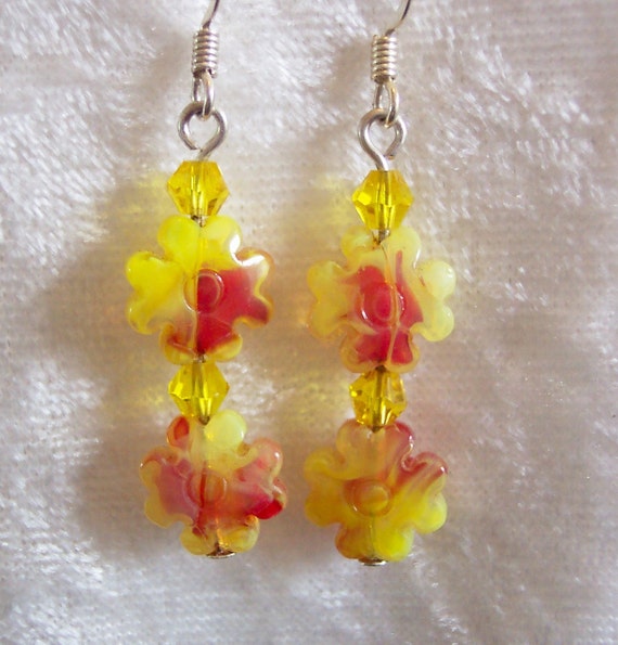 Yellow Red Earrings Pressed Glass Flower Bead Earrings