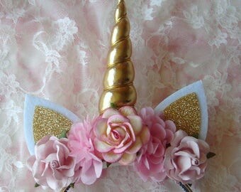Pink and Gold Unicorn Headband - Hard Headband - Gold Glitter Plastic Headband - Adult - Girl - Toddler - Blush - Birthday - Pink Flowers