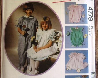 Toddler Girls Dress, Pinafore, Jumpsuit or Rompers with Neckline Bishop Smocking Size 2 McCalls Pattern 4779 UNCUT Vintage 1990s