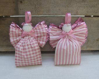 Pink Angel Christmas Ornament, Pink and White Angel, Plaid or Striped Paper Ribbon Angel Tree Ornament, Primitive Angel, Tree Decor