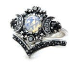 Opalite Quartz Cosmos Moon Engagement Ring Set Triple Moon Goddess Silver Ring with Stardust Chevron Wedding Band