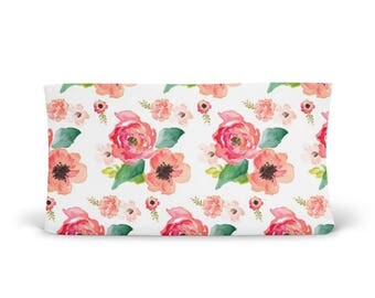Changing Pad Cover Floral Dreams White- Floral Changing Pad- Coral Changing Pad- Girl Changing Pad Cover- Minky Changing Pad- Organic