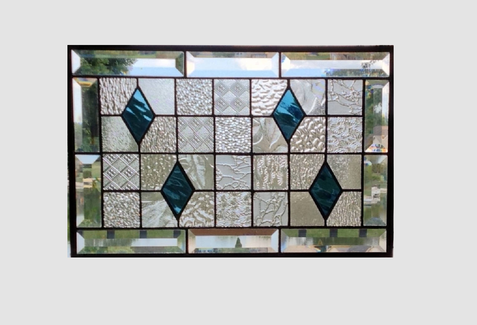 Beveled stained glass panel window hanging geometric steel