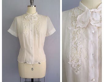 Blouse de jour | 1950s nylon lace blouse | 50s sheer ascot bow shirt | s - m