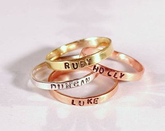 Name stacking rings, personalised rings, name rings, mixed metal, personal jewellery, childrens names, babies names, brothers and sisters
