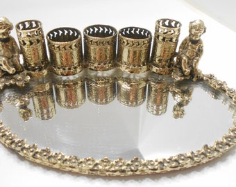 Vintage Gold Tone Oval Mirror & Lipstick Holder (26)