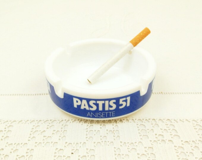 Vintage Mid Century 1960s White Milk Glass Pastis 51 Promotional Ashtray from France, Ricard Pernod Tobaccina, Retro Smoking Accessory