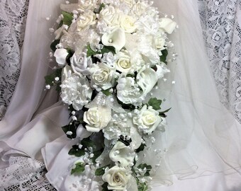 Wedding Flower Bouquet-Ivory/White-Wedding Bridal Flowers-Wedding Cascade-Bridal Bouquet-Bride's Bouquet-Elegant Wedding-Romantic Wedding