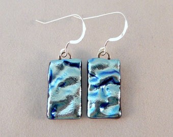 Silver Dichroic Fused Glass Dangle Earrings, Fused Glass, Fused Glass Earrings, Glass Earrings, Dichroic Earrings, Dangle Earrings, Silver