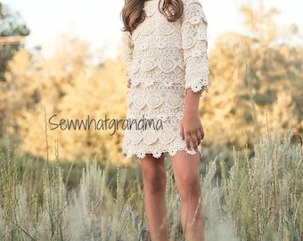 Size 7T, Cream Cotton Lace Dress, Crochet Flower Girl Short Dress, Rustic Mini Wedding, Long Sleeves Girl Dress, Champagne Dress