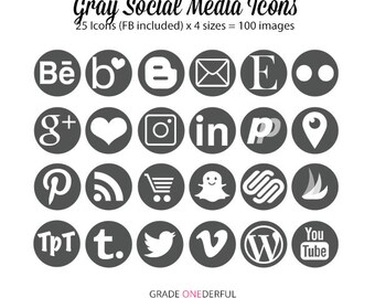 Grey Social Media Icons, Grey Blog Buttons, Website Buttons, Icons for Product Pages, Blog Design, Business Card Icons, Commercial Use