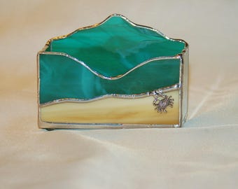 Sea, Sand and Sand Crab Business Card Holder Teal Green Blue Stained Glass Hand Made Ready to Ship Gift Perfect Office Desk Accessory