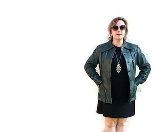 Green leather jacket // green leather pea coat // womens 70s leather button up jacket // 1970s leather jacket UK 14