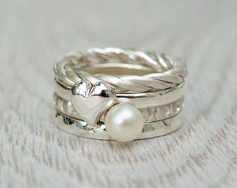 Silver chunky stacking rings - Rope ring - Heart ring - Fresh water pearl ring - Hammered ring - Handmade in any size
